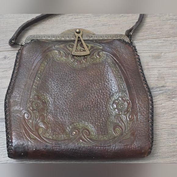 Antique Early 1900's Hand Tooled Leather Hand Bag Art Nouveau Deep Brown - Picture 2 of 13